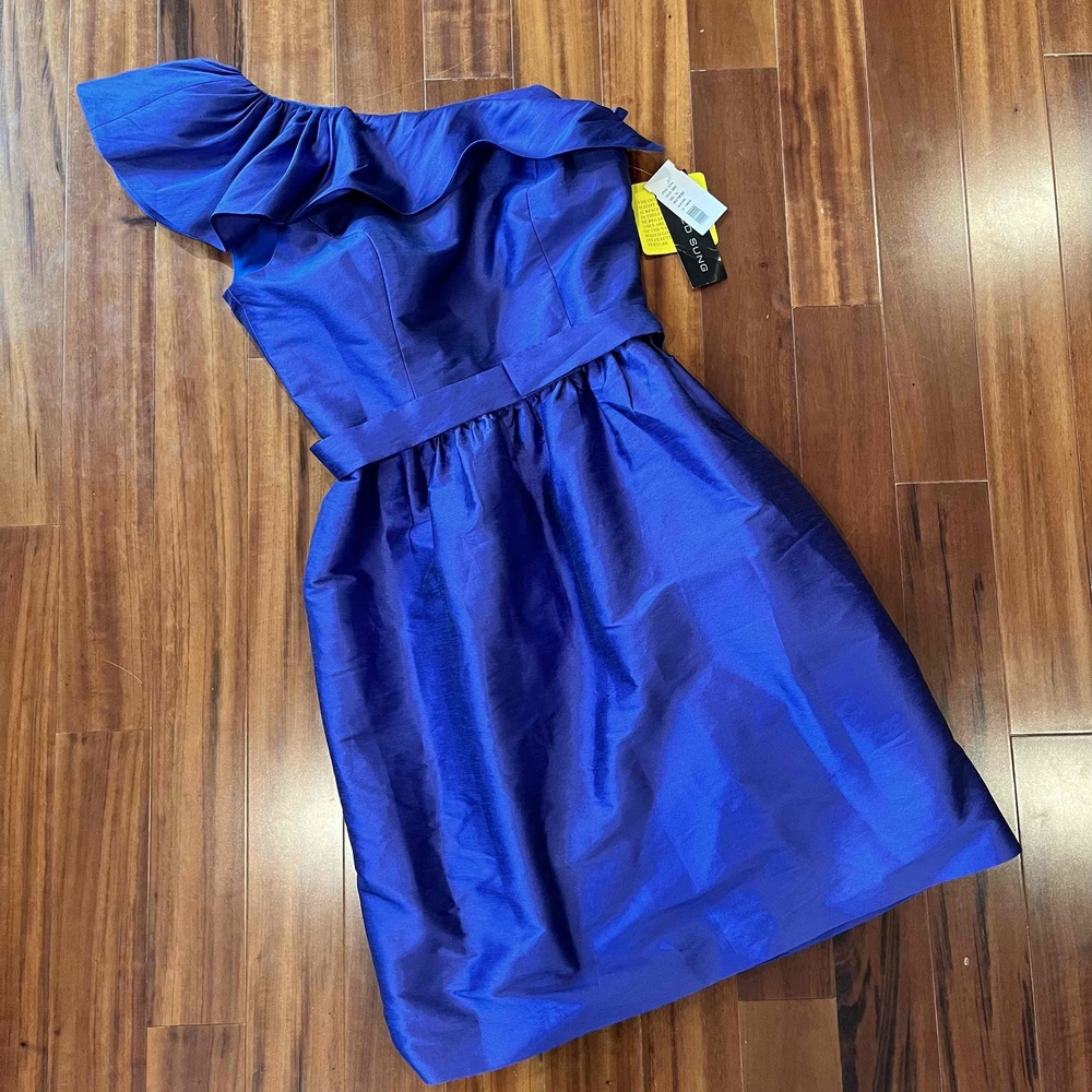 New NWT Alfred Sung Royal Blue Dress One-Shoulder Belted Formal Cocktail Size 10